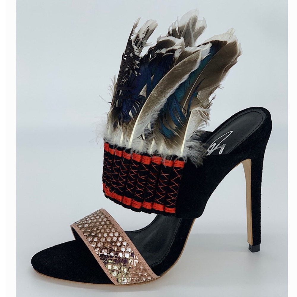Black Suede Multi Color Feather Heel